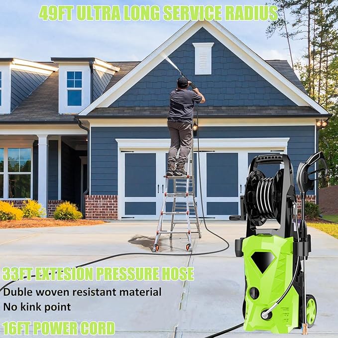 commowner𝐏𝐨𝐰𝐞𝐫 𝐖𝐚𝐬𝐡𝐞𝐫 𝟓𝟎𝟎𝟎𝐏𝐒𝐈 Portable with 33FT Pipe, 4 Nozzle Set for Home/Cars/Fences/Windows, Green