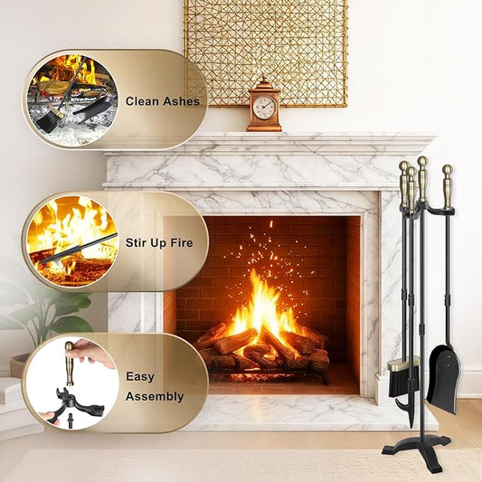 Gtongoko Fireplace Tools Set 4 Pcs 30 Inch Brass Handles Wrought Iron Large Fire Tool Set for Outdoor/Indoor Include Chimney Poker, Antique Shovel, Rustic Brush and Stand Accessories Set