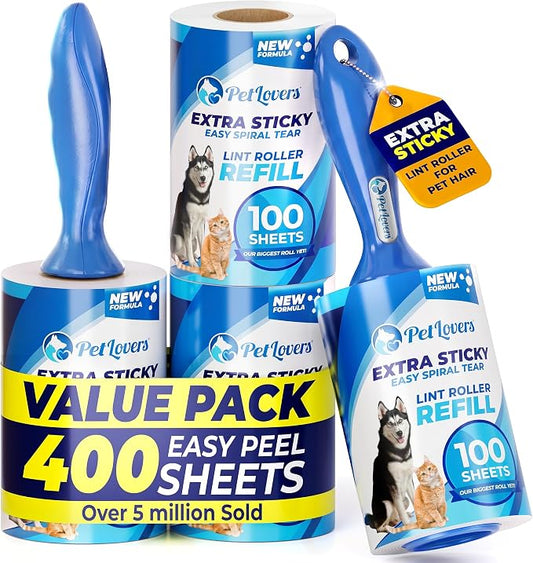 PetLovers Extra Sticky Lint Roller Ultimate Value Set 400 Sheets for Pet Hair Removal, Dog and Cat Lint Remover 4 Pack by PetLovers