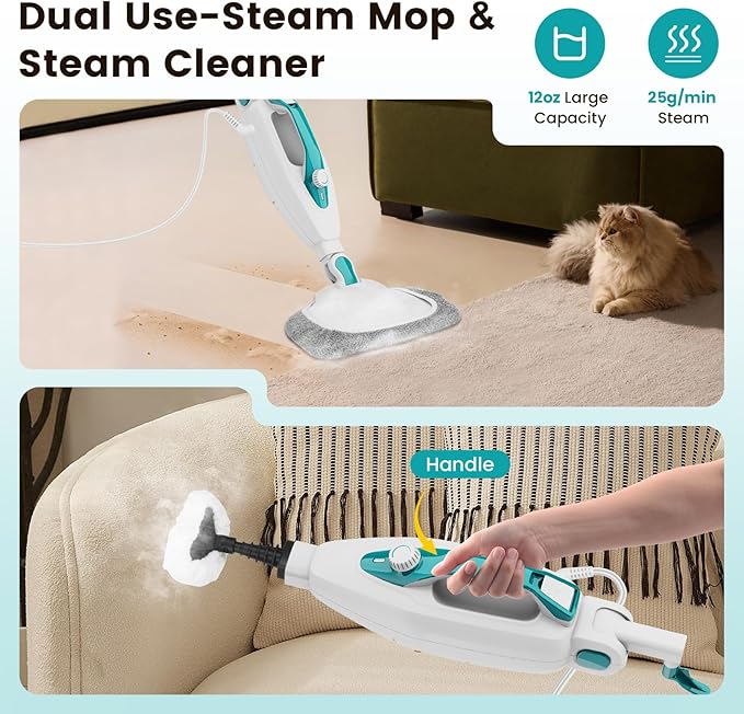 10-in-1 Steam Mop, 1550W Detachable Handheld Steam Cleaner with 350ML Tank for Floor Cleaning, 16FT Power Cable, 2 Washable Pads, Multi-Purpose Steamer for Hardwood, Carpet, Tile, Windows,Cyan