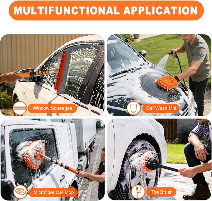 12FT Car Wash Brush with Long Handle, Car Cleaning Brush Kit with Soft Bristle Brush, Window Squeegee, Microfiber Mop, Wheel Brush, Mitt for Cleaning Truck, RV, Boat, Solar Panels