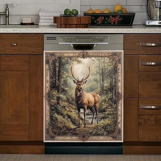 Kitchen Decor Deer Dishwasher Magnet Cover Decal, Vintage Forest Elk Magnetic Dishwasher Covers Decorative, Animal Dishwasher Skin (Magnetic) 23" W x 26" H