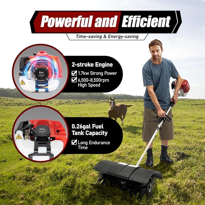 52CC 2-Stroke Gas Lawn Sweeper Cleaner Tools, 2.3HP Gas Powered Sweeper Brush Broom with Single Cylinder & Air-Cooled, Lawn Snow Sweeping Broom for Cleaning Driveway Turf Lawns Artificial Grass