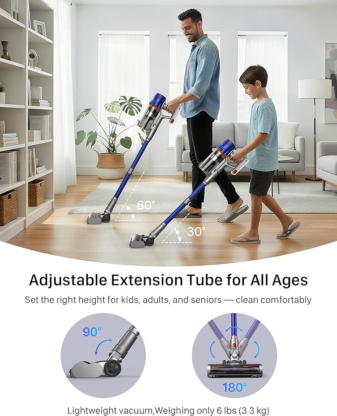 Cordless Vacuum Cleaner - Powerful Stick Vacuum with HEPA Filter, 55-Min Runtime, LED Light, Anti-Tangle Brush, Detachable Battery, Lightweight for Home, Pet Hair, Carpets & Hard Floors