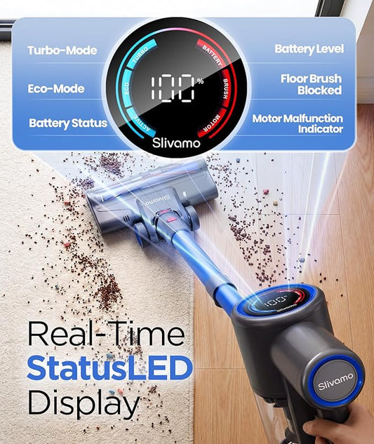 S10 Cordless Vacuum Cleaner, 40KPA/500W/45Mins, LED Display, 8-in-1 Lightweight Stick Vacuum Cleaners for Home with Green LED Light, 6-Stages Filtration, Self-Standing Design, Blue