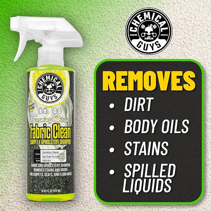 Chemical Guys Foaming Citrus Fabric Clean Carpet & Upholstery Cleaner - Car Carpet Cleaner Spray for Seats and Floor Mats, Removes Stains &Odors, Safe for Cars, Home and Office, 16 oz Citrus Scent