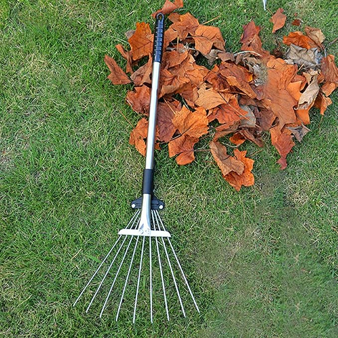 Adjustable Collapsible Garden Leaf Rake Aluminum Alloy Lawn Yard Rake for Leaf Cleaning Flower Bed and Outdoor Gardening (9 Teeth 55‑73.5cm Length 11‑31cm Width)
