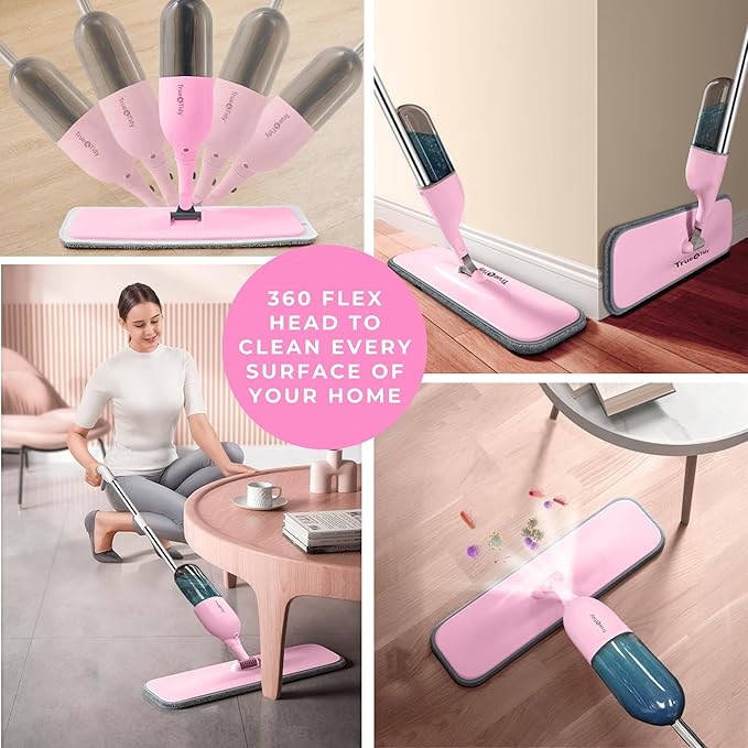 True & Tidy® Clean Everywhere Spray Mop Kit with Three Interchangeable Heads and Refillable Tank- Includes Flat Head, Round Mop, Window Squeegee (Pink)