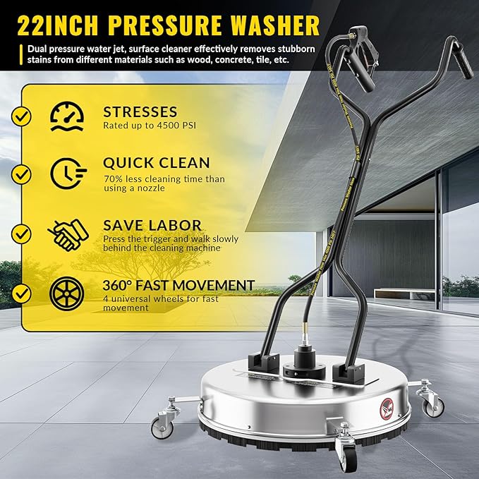 22 Inch Pressure Washer Surface Cleaner with 4 Wheels,Dual Handle,Stainless Steel Housing,4500 PSI Power Washer Accessory for Concrete, Patio, Sidewalk, Deck, Driveways and Daily Washing