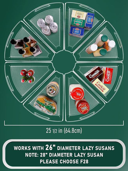 Lazy Susan Cabinet Organizer Bins for 26"/ 28"/ 32" Diameter Corner Organizer, Plastic Cabinet Storage Bin, 1/8 Wedge - Food Safe, BPA Free, with Non-Slip Pads (for 26" Diameter, 8 Pack)