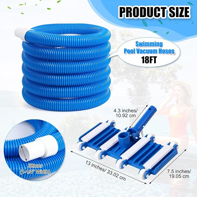 14" Swimming Pool Vacuum Head with 47" Long Pool Pole and 1-1/4" x 18ft Pool Vacuum Hoses Flexible Pool Vacuum Head with Wheels for Inground Pool Cleaning