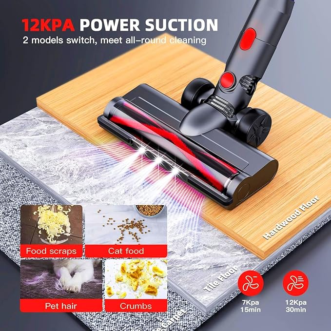 WLOTPO Cordless Vacuum Cleaner for Home,Lightweight Stick Vacuum Cordless Rechargeable with Power Suction, Up to 35 Mins Runtime, Hardwood Floor Vacuum for Pet Hair,Carpets,Tile(Cherry Red)