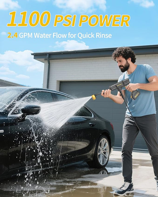 Cordless Portable Washer, 1100 PSI Battery Operated Washer with All-Copper Motor, Battery, 23FT Elastic Hose, Storage Bag; Handheld Washer; Lightweight Car Washer for Home, Garden (Yellow & Black)