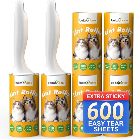 Extra Sticky Lint Roller for Pet Hair, 600 Sheets, 2 Handles | Everyday Value Pack for Clothes, Couch, Furniture, Car & Bedding by Beitophomepet%60sfamily