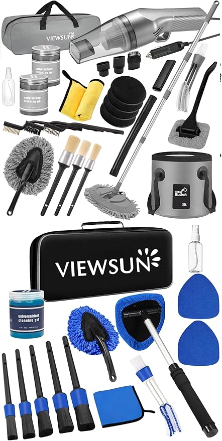 Viewsun 35Pcs Car Cleaning Kit with High Power Handheld Vacuum, Car Wash Mop with Long Handle, Bucket, Detailing Brush Set, Windshield Cleaner, Complete Interior Exterior Washing Supply for Men Women
