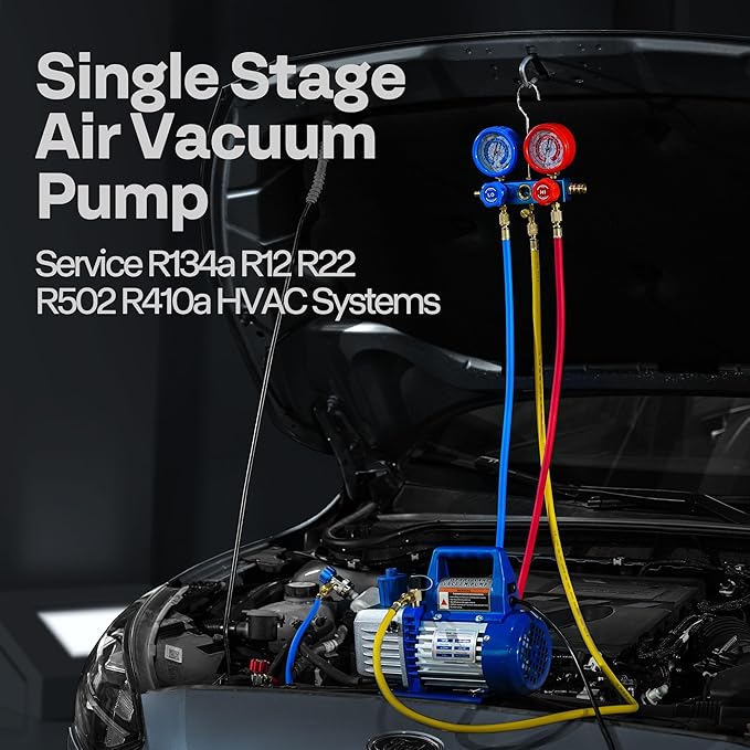 VIVOHOME 110V 1/3 HP 4CFM Single Stage Rotary Vane Air Vacuum Pump and R134a AC Manifold Gauge Set Kit with Leak Detector Carry Bag for HVAC Air Conditioning Refrigeration Recharging ETL Listed