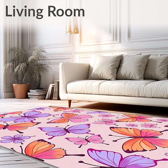 Flatwoven High Traffic Area Rug 8, Watercolor Garden Shower Curtain with Matching Bath Accessories, Non Slip, Stain Resistant, Washable Area Rugs for Living Room, Bedroom (Pink, 8)
