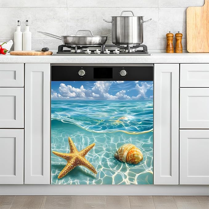 NYZE Dishwasher Magnets Cover, Dishwasher Magnetic Sticker Decorative, 23 x 26 Inch Reusable Dish Washer Cover for Dishwashers (Starfish & Seashell)