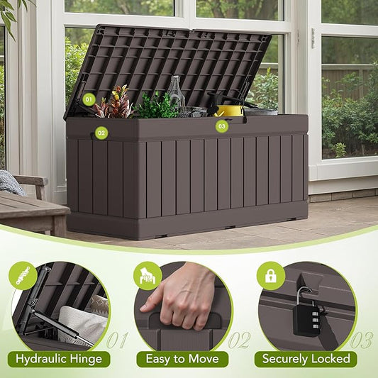 Devoko 78 Gallon Deck Box, Waterproof Resin Outdoor Storage Box for Outside and Patio, Outdoor Storage Bench Lockable for Patio Furniture, Garden Tools and Pool Supplies (Brown, 78 Gallon)