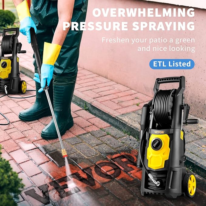 VEVOR Electric Pressure Washer, 2000 PSI, Max 1.65 GPM Power Washer w/ 20 ft Hose & Reel, 4 Quick Connect Nozzles, Foam Cannon, Portable to Clean Patios, Cars, Fences, Driveways, ETL Listed