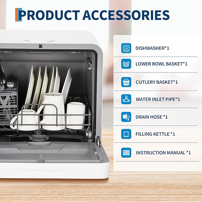 Portable Countertop Dishwasher with Large Display - Dual Water Inlet Modes, 2-In-1s Auto-Fill, 72℃ Hot Air Drying, No Installation, Ideal for Small Apartments