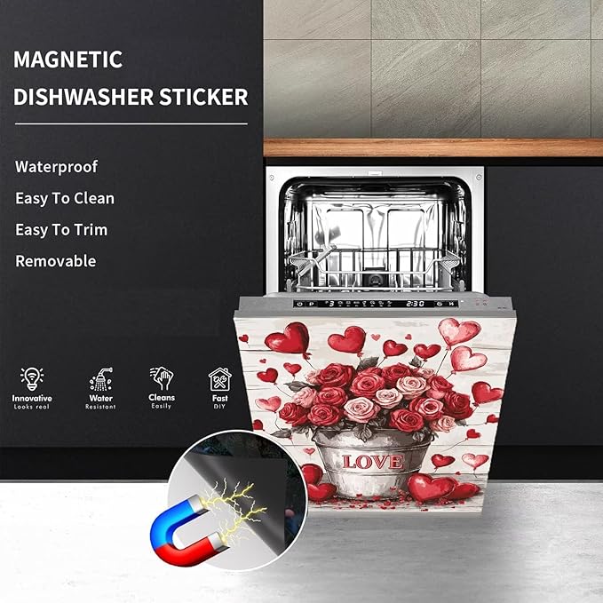 Rose Bouquets Magnet Dishwasher Decoration Cover for The Front, Vintage Country Flowers Magnetic Refrigerator Cover Skin Panel, Love Balloons Vinyl Dishwasher Sticker 23x26 inch Magnetic