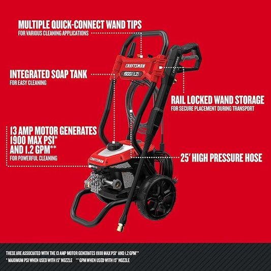 CRAFTSMAN Electric Pressure Washer, Cold Water, 1900 -PSI, 1.2-GPM, Corded (CMEPW1900)