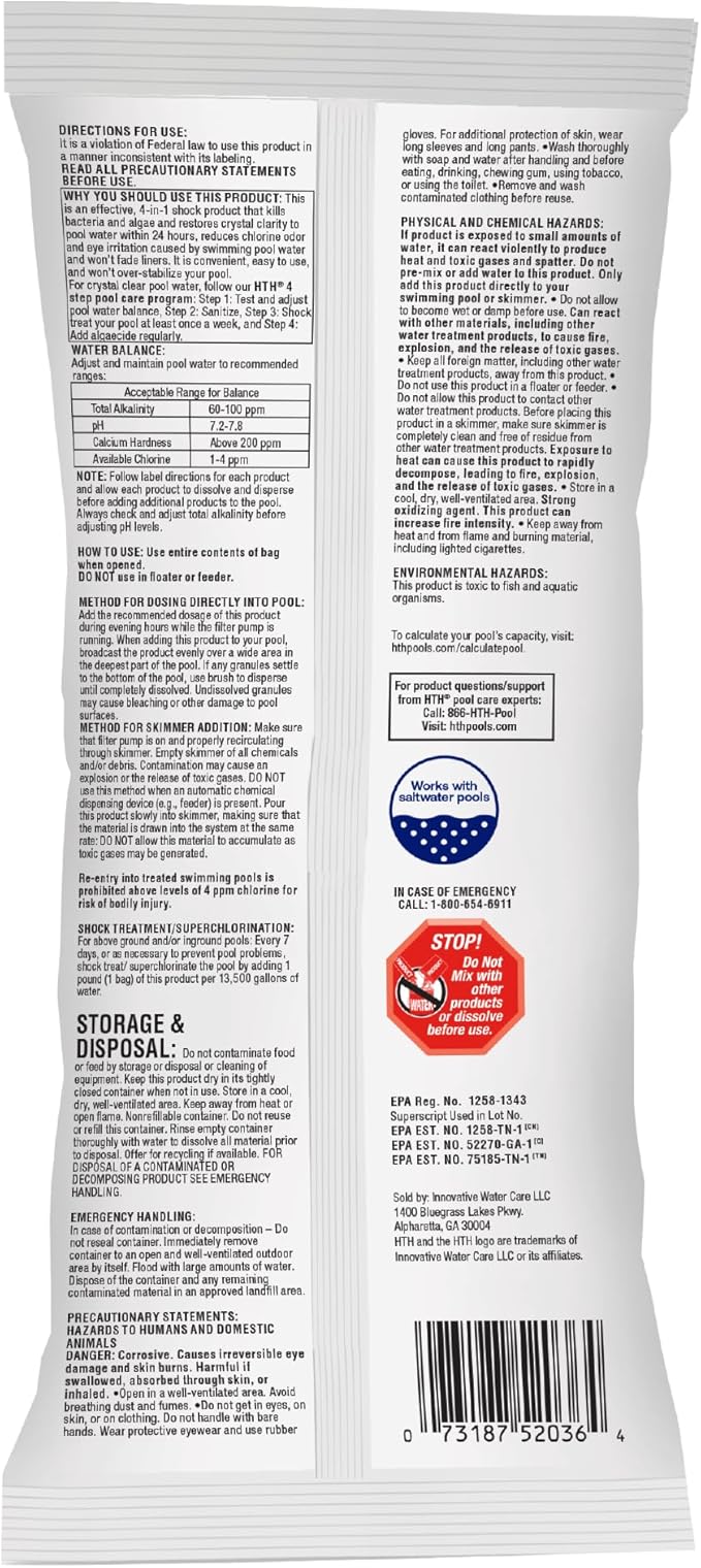 HTH 52031 Swimming Pool Care Shock, Swimming Pool Chlorinator Boosts Chlorine Levels, Cal Hypo Formula, 13.3oz (1 Pack)