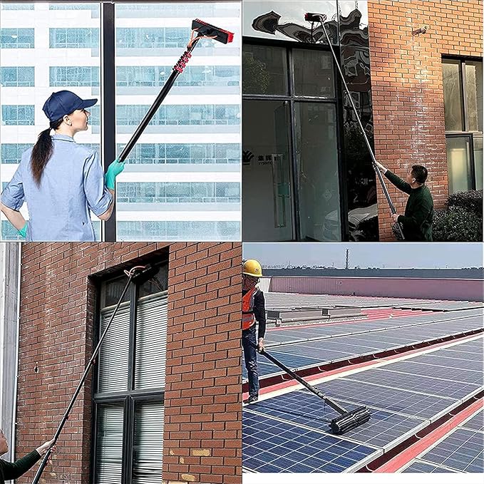 30FT/9M Water Fed Extendable Brush Roof & Window Cleaning Tool, Solar Panel & Car Cleaning Brush with Feather Bristles, White, Includes Gooseneck Attachment