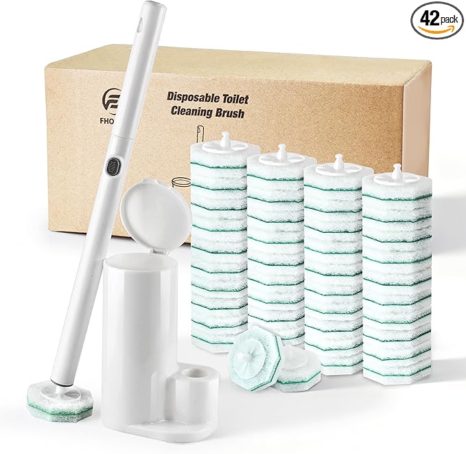 Disposable Toilet Brush and Holder with 42 Replacement Heads, Wall Mounted Toilet Wand Refills Kit, Fresh Scented Bathroom Cleaning System(Rainforest Rush)