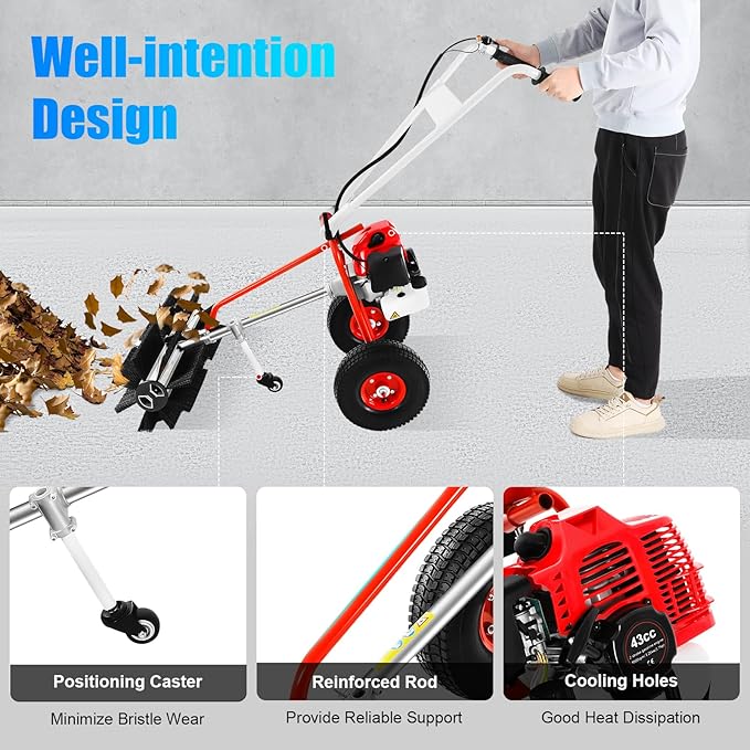 43CC Gas Powered Walk-Behind Outdoor Push Sweeper, 1.7HP 2 Stroke Hand Held Sweeper Snow Sweeping Broom, Driveway Turf Lawns Cleaning Tools with 23.6in Sweeping Width for Leaves Dirt Gravel