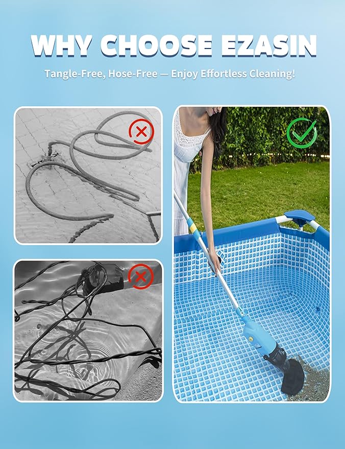 Cordless Pool Vacuum Cleaner for Above Ground Pool & In Ground Rechargeable Pool Vacuum Cleaner - 90 Mins Runtime, with 69" Telescopic Pole, Spa Vacuum for Hot Tub- Fast 3H Charge (Blue)