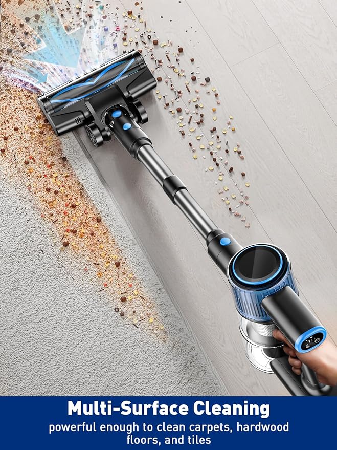 VOKENE Cordless Vacuum Cleaner, 8 in 1 Powerful Suction Lightweight Vacuum Cleaner for Home, LED Display, 3 Suction Modes, 45Mins Detachable Battery Vacuum for Hard Floor Carpet Pet Hair