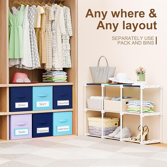 Geelin 6 Sets Cube Storage Organizer Bins with Shelf & Labels 11 Inch, Fabric Collapsible Cubby Toys Clothes Storage Drawer Unit for Daycare Nursery Playroom Bedroom Dorm Organizer (Blue Mix)