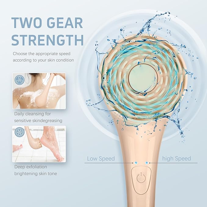 Electric Body Brush, Waterproof Back Scrubber for Shower with Long Handle and 3 Heads, Rechargeable Exfoliating Brush for Body and Foot, Deep Cleansing Massager, Pink