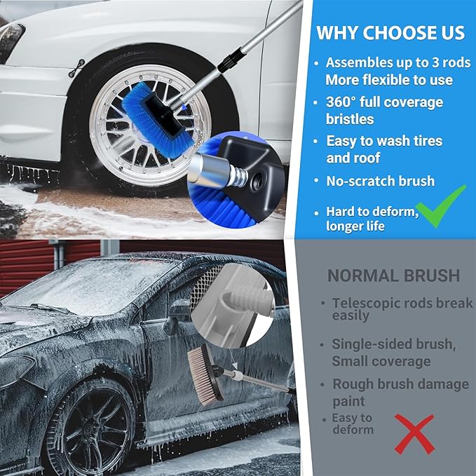 Ultimate RV/Truck Wash Brush Kit – 68" Adjustable Aluminum Pole with Flow-Thru Hose Attachment, Soft Bristles w. Replaceable Chenille Mop Squeegee, Reinforced Connectors – Safe for Car/Truck/RV/SUV