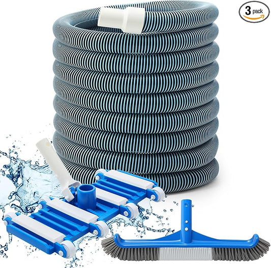 Pool Vacuum Kit Swimming Pool Vacuum Head With 1-1/2" x 30ft Pool Vacuum Hoses Flexible Pool Vacuum Head with Wheels And 14 '' Pool brush for Inground Pool Cleaning