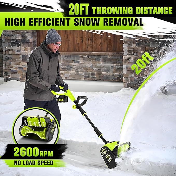 40V Cordless Snow Shovel, 13 Inch 4.0Ah Electric Snow Shovel with Directional Plate, Brushless Cordless Snow Blower for Pathway, Patio, Deck, Driveway, Green