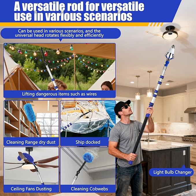 30FT Light Bulb Changer for High Ceilings with 5-24FT Heavy Duty Extension Pole,High Ceiling Ceiling Fan Cleaner Duster Kit for Home & House High Window, Interior Roof Window Cleaning Blue