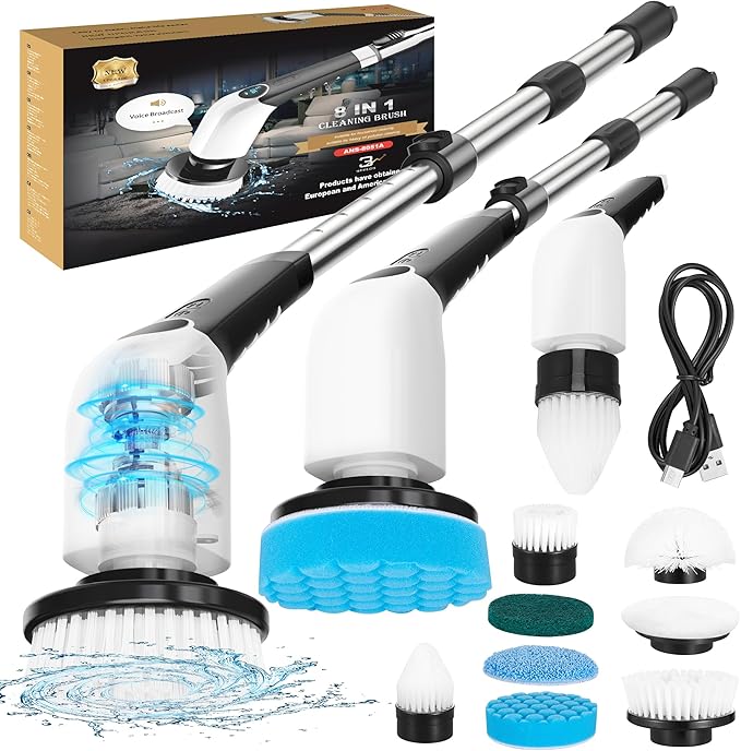 Electric Spin Scrubber,Bathroom Cleaning Brush,Shower Scrubber with Long Handle 8 Replaceable Brush Heads Voice Broadcast 3 Rotating Speeds,Tub Scrubber,Cordless Power Cleaning Brushes Floor Tile