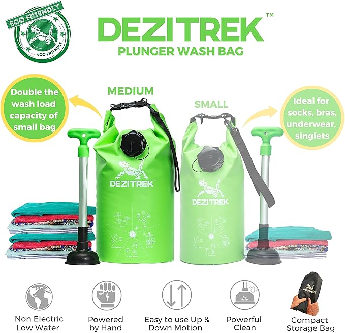 One Hand Wash Bag and Plunger Set - Off Grid Washing Machine Non Electric for Camping Travel | Eco Friendly Portable Manual Clothes