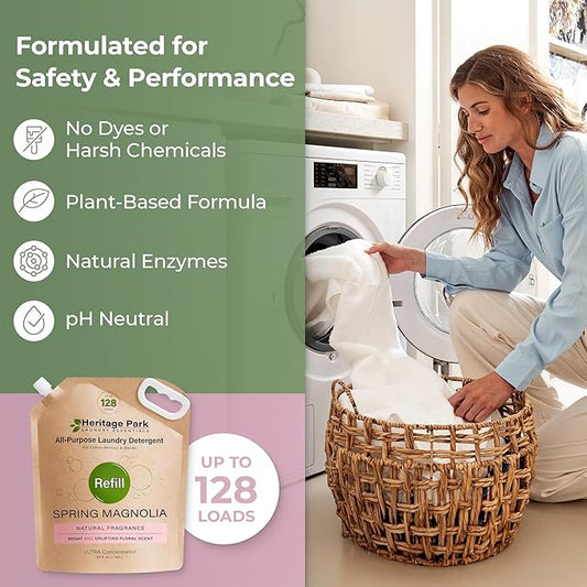 Heritage Park Luxury Laundry Detergent | Dermatologist Tested Plant based Natural & Enzyme Laundry Detergent | Sensitive Skin Friendly - Spring Magnolia (64 fl oz Refill)