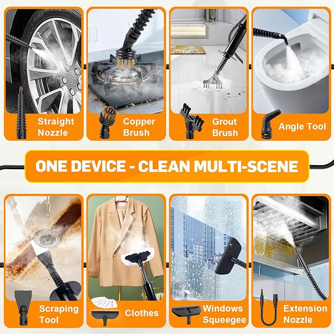 Handheld Pressurized Steam Cleaner for Home - 15s Heat-Up 3-Level Adjustable Steam Cleaner with 14pcs Accessories, Multi-Surface Steamer for Cleaning Car Detailing, Tile, Grout, Chemical-Free(Grey)