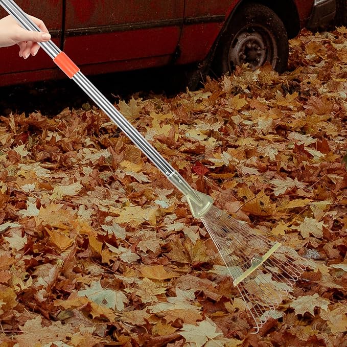 Heavy Duty Garden Leaf Rake 18 Stainless Steel Tines, Telescopic Extendable Handle 80cm for Lawn and Turf Cleaning, Landscape Hand Rake for Yard and Leaf Removal
