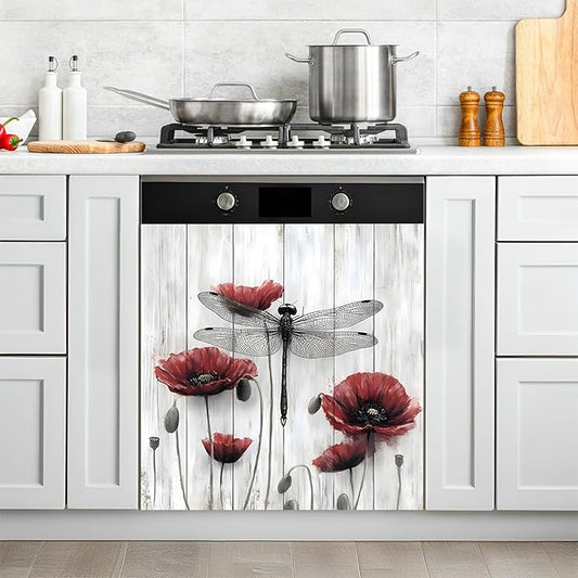 NYZE Dishwasher Magnets Cover, Dishwasher Magnetic Sticker Decorative, 23 x 26 Inch Removable Reusable Magnet Dish Washer Cover Mat for Dishwashers Kitchen Appliances (Red Flower & Dragonfly)
