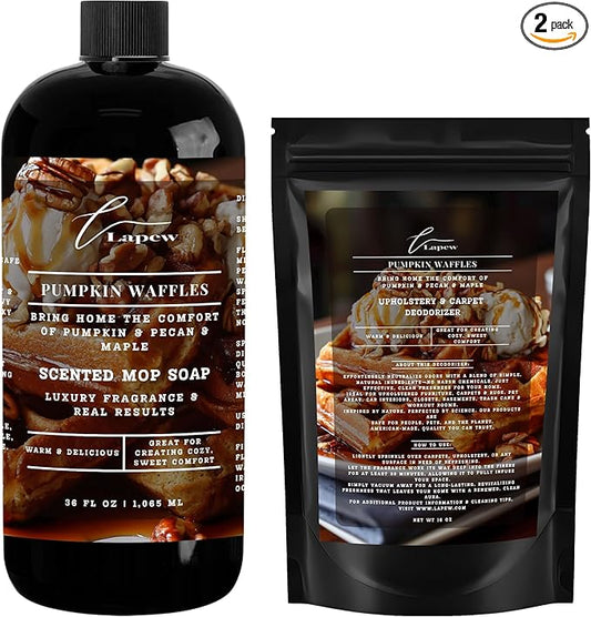 Lapew Pumpkin Waffles Scented Cleaning Bundle | Carpet Deodorizer Powder (16 oz) & Mop Soap Concentrate (36 oz) | Pet-Friendly Odor Eliminator