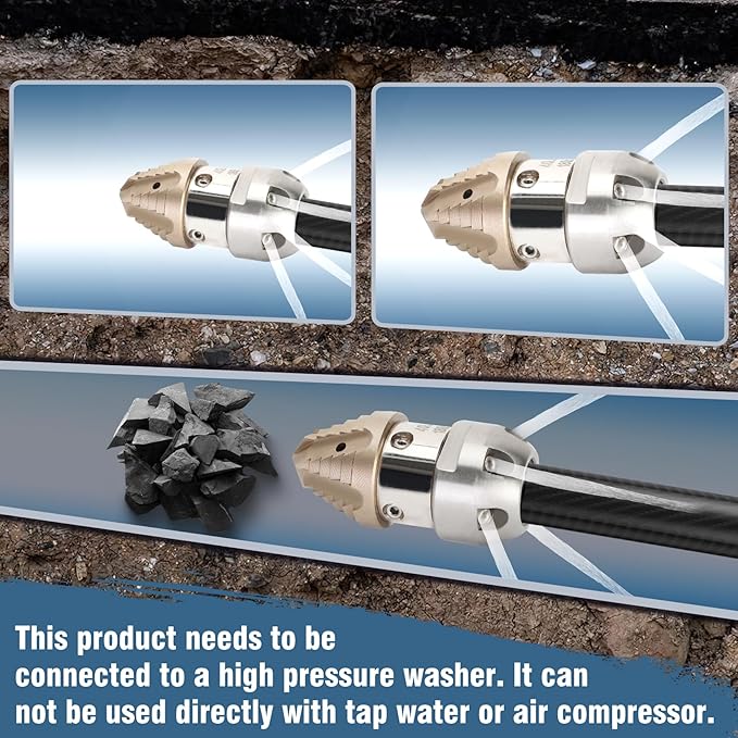 Anrain 3/8 Sewer Jetter Nozzle for 40 L/min Pressure Washer, 360 Degree 3/8 NPT Sewer Jetter Rotating Nozzle, Stainless Steel, for Vehicle Cleaning, Industrial Equipment Cleaning, 2-Year US Warranty
