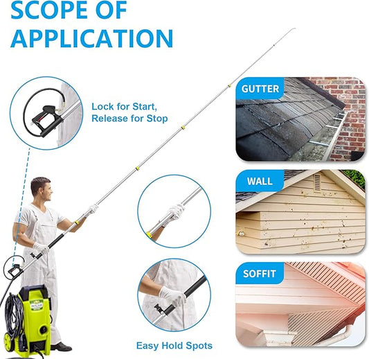 24 FT Telescoping Pressure Washer Wand Extension, Hot Water Supported Power Washer Extension Wand with 7 Nozzle Tips, 3 Adapters & Harness, Gutter Cleaning Tools for 2 Story House
