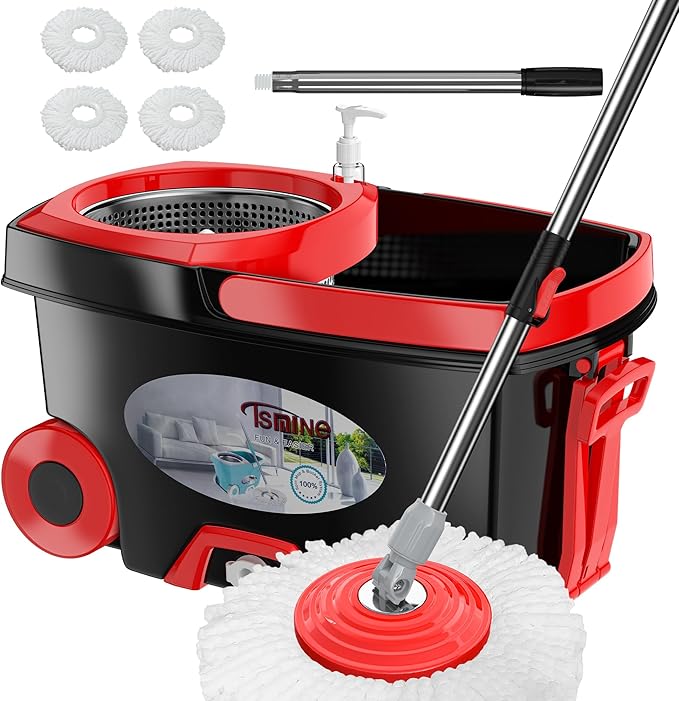 FunClean 360° Spin Mop and Bucket Set with Wringer, 4 Extra Microfiber Heads, 61" Extended Handle for Effortless Floor Cleaning, 2X Wheel Design - Black