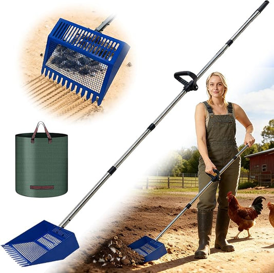 Chicken Poop Scooper & Rake, Stainless Steel Shovel Head Pooper Scooper, Adjustable Stainless Steel Handle 28"-68", Chicken Scooper for Chicken Coop Cleaning Tool with Reuseable Yard Waste Bags
